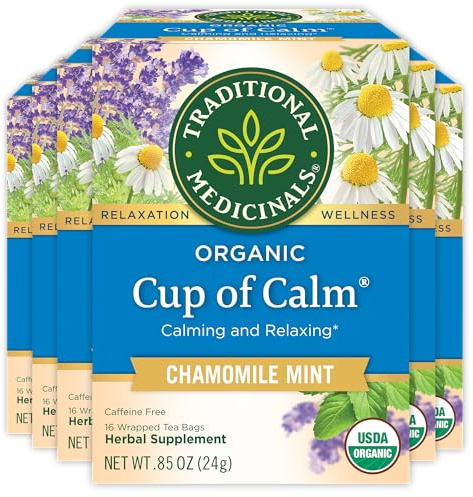 Traditional Medicinals Tea, Organic Cup of Calm, Calming & Relaxing with Chamomile Mint, Kosher, Non-GMO, Caffeine-Free, Compostable - 96 Tea Bags (6 Pack)