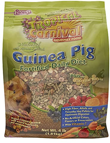 F.M. Brown's Tropical Carnival, Natural Guinea Pig Food, Vitamin-Nutrient Fortified Daily Diet with Vitamin C and High Fiber Alfalfa and Timothy Hay Pellets for Optimum Digestion, 4 lb