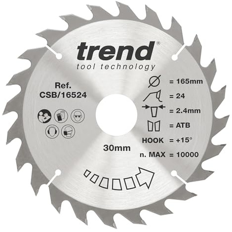 Trend Wood Circular Saw Blade, 165mm Diameter, 30mm Bore, 24 Teeth, 2.4mm Kerf, +15° Hook, TCT, Medium Finish, CSB/16524 | Precision TCT Wood Cutting Blade With 24 Teeth, 2.4mm Kerf And +15° Hook Angle For Medium Finish Cuts, CSB/16524