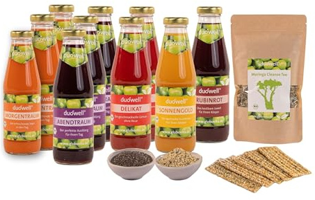 duówell® balance Saftwoche Bio - Fastenkur mit Superfoods für 7 Tage | Bio-zertifiziert, Glasflaschen, unter 600 kcal pro Fastentag, mit Moringatee, Hanfsamen, Chia, Hanfriegeln, 5 Saftsorten