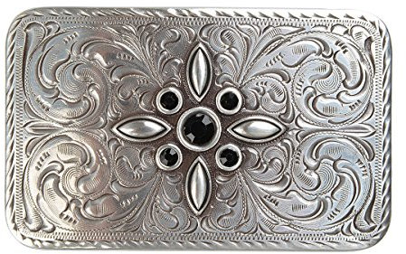 PAPA - Art Detail Shirt Belt Buckle - eckiges Ornament mit schwarzen Steinen - Gürtelschließe für Jeans und Tracht, Silber-Antik mit Steinen