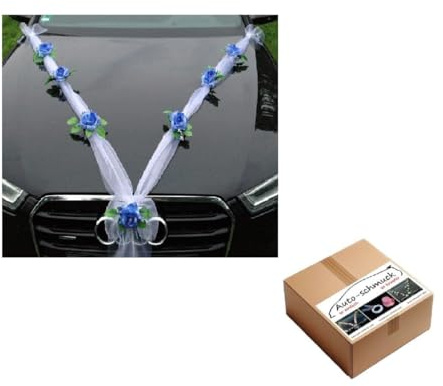 Organza M Auto Schmuck Braut Paar Rose Deko Dekoration Autoschmuck Hochzeit Car Auto Wedding Deko Girlande PKW (Hellblau/Weiß)