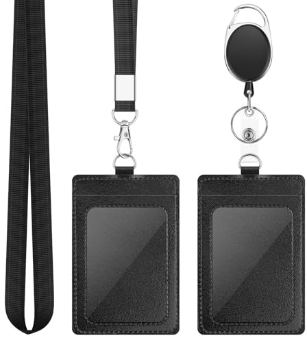 DUPENCD 2 Pack Badge Holders, Vertical PU Leather ID Badge Card Holder with Detachable Neck Lanyard Strap and Retractable Badge Reel ID Card Holders Set, Detachable Keychain, Cruise Ship Cards Holder