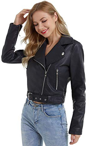 DIASHINY Giacca in ecopelle nera per donna con cintura in PU Cropped Moto Biker Coat Giacca corta da moto 036 S
