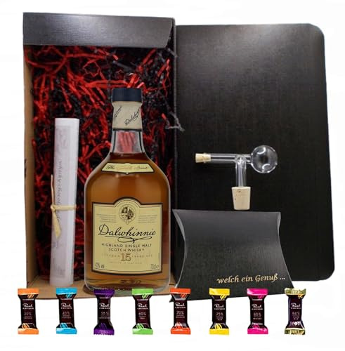 Dalwhinnie 15 Jahre Single Malt Whisky + Glaskugelportionierer + 8 Edelschokoladen 8 Sorten im Geschenk Karton Männergschenke Whisky mit Schokolade genießen Genießer Set