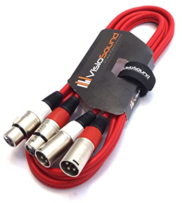 2x Male to 2x Female XLR Balanced Microphone Cable Twin Lead (Red, 1.5m) | Noiseless OFC Balanced Microphone, Signal, Audio, Patch Cable / 5 Colours
