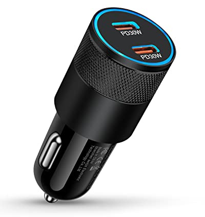 60W USB C Car Charger, Dual PD 3.0 Fast Charging Adapter Flush Fit Cigarette Lighter Plug for iPhone 17e 17 16 15 Pro Max 16e, Galaxy S26 S25 S24 Ultra S23, Google 10 9 Pro XL Type C Car Charger Block