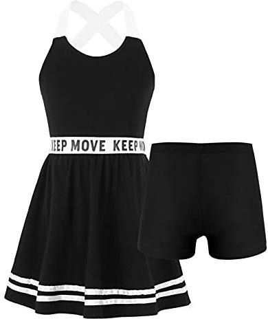 YOOJIA Mädchen Tanzkleid Ärmellos Sommerkleid Freizeitkleid Mit Unterhose Panties Sportanzug Tanzkleidung Sport Tennis Outfit Tanz Set Schwarz 146-152