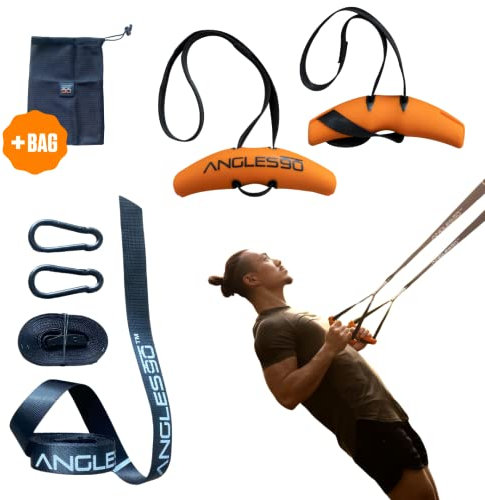 Angles90 Schlingentrainer - Sling Trainer für Eigengewicht Krafttraining - Orange - All-in-One Trainingsgerät für Zuhause - Fitness Griffe & Zughilfen Krafttraining - Für Klimmzugstange & Latzuggriff