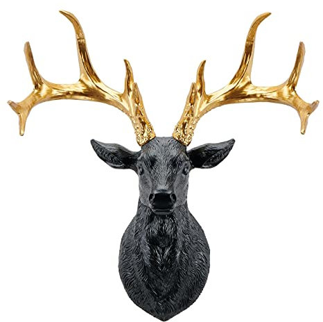 PETSOLA 3D Hirschkopf Wanddekoration Tierfiguren Geweih Kunstharz Wandskulptur für Büro Wohnzimmer Schlafzimmer Ornament - schwarzes Gold