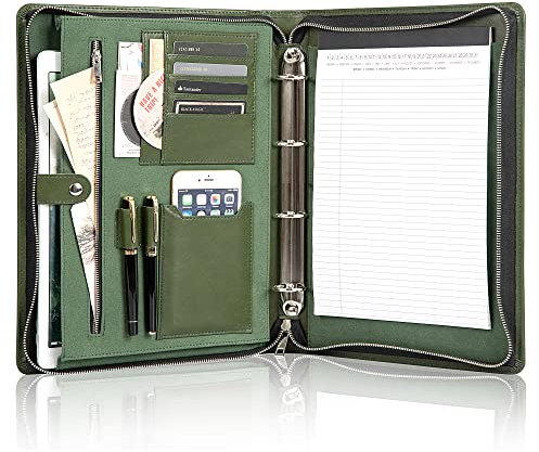 FREI NAME GRAVUR, Customized 4 Ringbuch Konferenzmappe, Veganes Leder Ringbuchmappe Aktenmappe A4 mit Klemmbrett, Briefcase mit Visitenkartenhalter, Geschenk für Damen/Herren, Grün