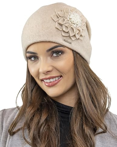 VIVISENCE Damen Mütze Wolle Blumenapplikation Falten Antistatisch Elegant 7052