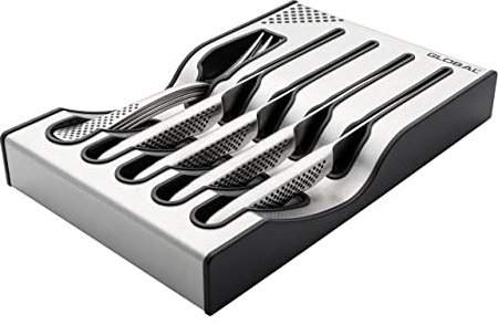 Global Knives G-88/4012/R 12cm Half – Serrated Steak Knife and Fork Set, 8 Pieces Plus Knife Block, CROMOVA 18 Stainless Steel
