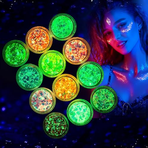 AOOWU Fluorescent Glitter, 12 Farben Glitzer Gesicht Fluorescent Sequin Mit Gel, Halloween Schminke Make-up Glitzer Haare, Körperglitzer Festival Zubehör für Weihnachten Gesicht Nägel Lippen Körper
