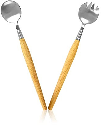 2 Teiliges Set Salatbesteck Edelstahl, Salatbesteck mit Holzgriff, Salatbesteck Klein, für Obst, Salat, Suppe, Nudeln (28,5 cm)