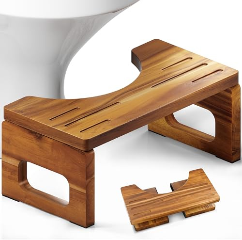 BLUEWEST Akazienholz Faltbarer Toilettenhocker für Erwachsene, 17,8 cm Kackhocker für Badezimmer, rutschfester Toiletten-Tritthocker mit platzsparendem zusammenklappbarem Design