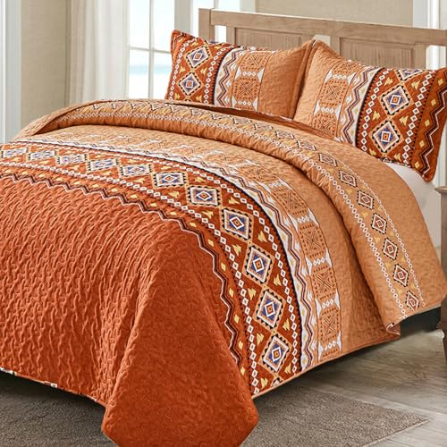 WONGS BEDDING 3 Pieces Quilt Set California King, Burnt Orange/Rust Thanksgiving Quilt Bedspread Bohemian Coverlet Set with 2 Pillowcase, Fall Soft Thanksgiving Bedding Set All Season 106×96