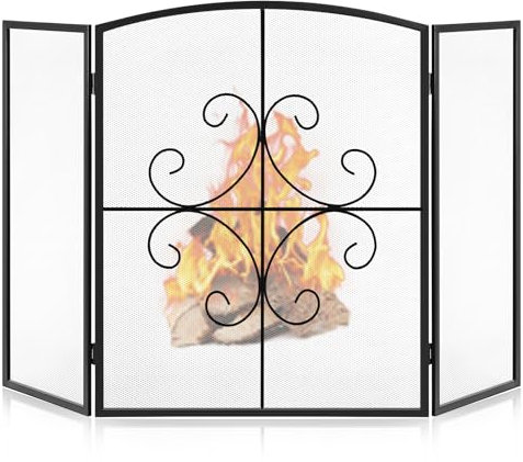 Gtongoko Kaminschutzgitter Kaminzubehör Funkenschutz mit 3 Paneelen, 121,9 cm B x 73,7 cm H, Schmiedeeisen, dekorativer Feuerschutzgitter für Wohnzimmer, Heimdekoration, Schwarz