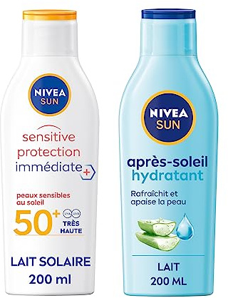 NIVEA SUN Routine Protection Hydratante, Routine solaire avec lait solaire pour peaux sensibles et après-soleil hydratant, Protection solaire spéciale peau sensible