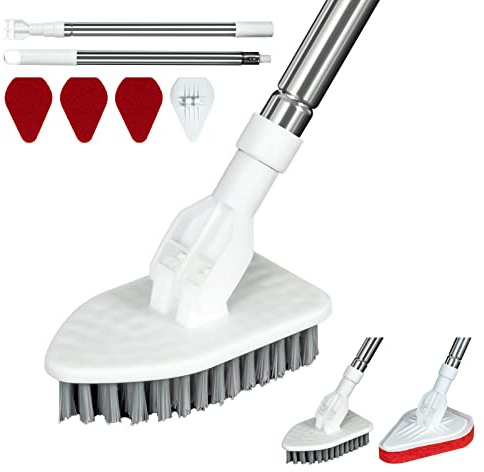 Shower Bathtub Tub & Tile Scrubber Extendable Floor Brush - Long Handle 117 CM - 2 in 1 Cleaning Brush with 3 Sponge & 1 Stiff Bristles, Ideal for Bathroom, Toilet, Kitchen, Wall (White)