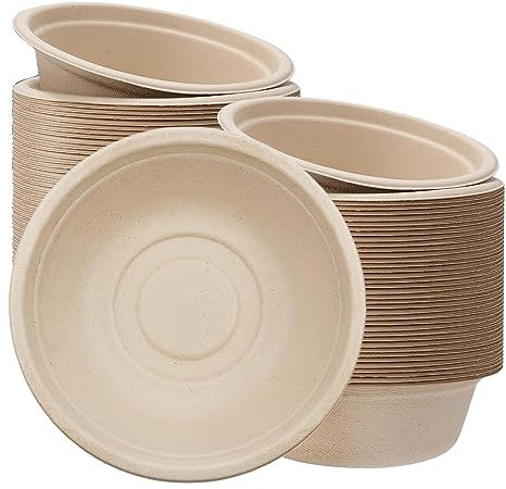 100Pcs Strong Disposable Paper Bowls, 16oz 480ml Biodegradable & Compostable Brown Super Rigid Sugarcane Bagasse Bowls for Party, Soup, Dessert