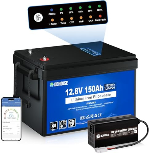 DCHOUSE 12V 150Ah LiFePO4 Bluetooth Lithium Batterie mit SOC-Leuchte mit 20A Ladegerät, 10 Jahre Lebensdauer mit bis zu 15.000 Zyklen, 120A BMS, perfekt für Trolling-Motoren,Marine, Boot, Solar