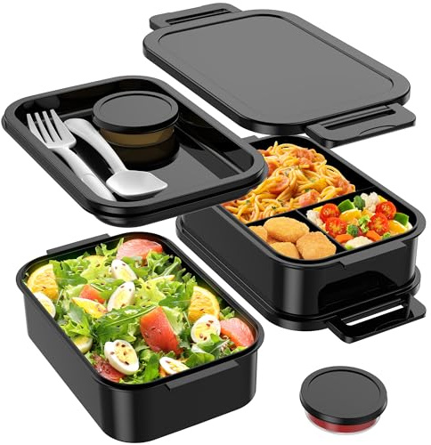 Jelife Lonchera Bento Box para adultos, estilo grande, apilable, para adultos, 72 onzas, todo en uno, 3 capas, lonchera a prueba de fugas con recipientes de salsa para utensilios para cenar fuera,