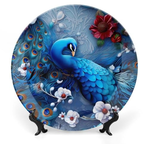 Peacock Flowers Bone China Plate with Stand Round Decorative Plate Vintage Home Wobble-Plate 7inch