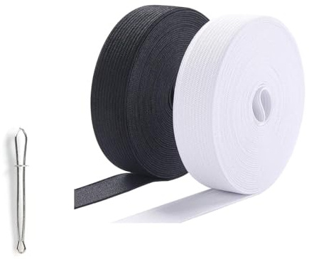 Banda de Goma para Coser Banda Elástica de Ancho Banda Elástica de Punto de Costura,Largo Cintas Elásticas,Cinta elástica de Costura,Cinta elástica Ancha y Plana (2cm black+white/10M)