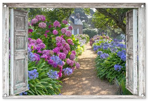 MuchoWow© Gartenposter Outdoor Bilder Gartendeko für draußen Wetterfest | 90x60 cm - Garten Deko Terrasendeko Banner Bild Dekoration Fensterblick - Hortensie - Blumen