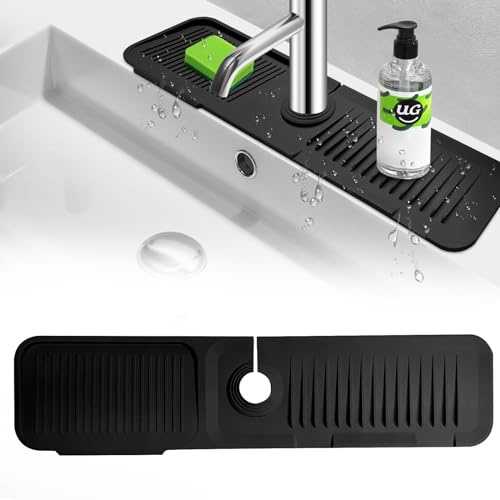Qesulk Silicone Faucet Handle Drip Catcher Tray Mat, Kitchen Sink Accessories, Drying Mat, Splash Guard, Dish Soap Sponge Holder, Countertop & Bathroom Protector