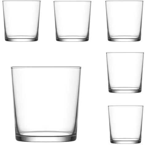 TRESV Set de 6 Vasos de Agua de Colores Pastel, Vasos de Cristal Multicolor y Transparentes, Aptos para Lavavajillas (345cc Transparente)