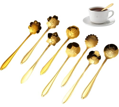 JYJLLM Brand Coffee Dessert Spoons - Rose Shaped Teaspoons Set of 8 - Stainless Steel (Golden)