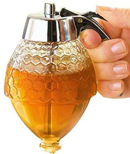 LinaLife Creative Honey Syrup Dispenser Jar Cup ABS Bee Hive Trigger Storage Bottle 8 Oz Honey Dispenser No Drip, Maple Syrup Dispenser, Honey Jar with Stand Honey Comb Shaped Honey Pot