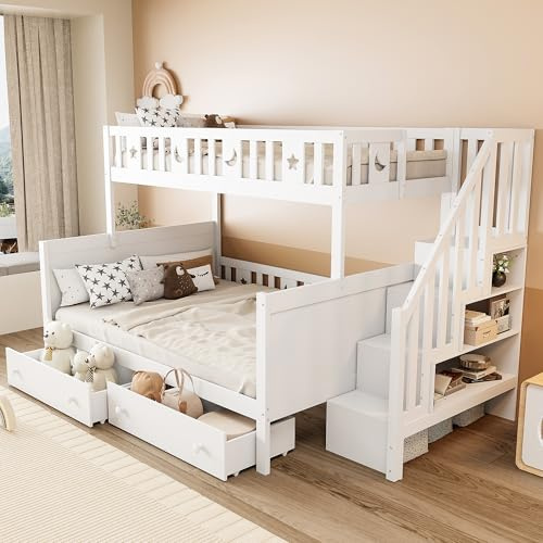 Etagenbett Kinderbett 90x200 & 140x200 für 2-3 Kinder, Hochbett mit Treppe und 2 Stauraum Schubladen, Bett mit Rausfallschutz, Lagerregal und Lattenrost, Multifunktionsbett Stockbett Jugendbett, Weiß