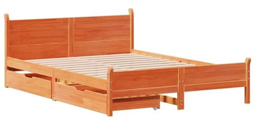 vidaXL Massivholzbett, Holzbett ohne Matratze mit Schubladen, Bettgestell mit Lattenrost Kopfteil, Bett Doppelbett für Schlafzimmer, Wachsbraun 140x200cm Kiefernholz