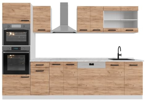 Vicco Küchenzeile R-Line, Goldkraft Eiche, 300 cm | 8 Module · Höhenverstellbare Füße · Ohne Arbeitsplatte · Robuste Fronten · Mit Backofen-/Mikrowellenschrank
