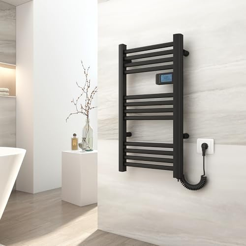 EMKE Termoarredo elettrico 75x40cm, 180W, Radiatore da bagno con display digitale, scaldasalviette elettrico bagno diritto (Nero)
