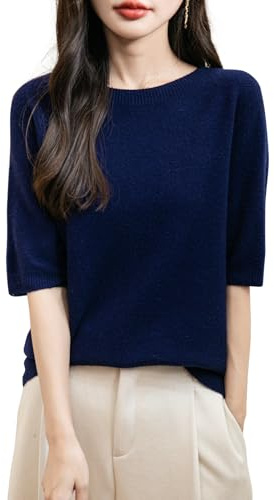 Chanyarn Femme 100% Lain Merino Manches Courtes Pull 2025 Printemps Été Hiver Doux Chaud Col Ras du Cou sans Couture Tricot Pull (Navy Blue,L)