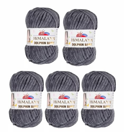 5 x Himalaya Dolphin Baby Wolle Garn Baumwolle Strickwolle zum Stricken häkeln super Bulky Chenille Garn Wolle Strickgarn 100g 120m Polyester Elomnia (5x-A1-80367 Anthrazit)