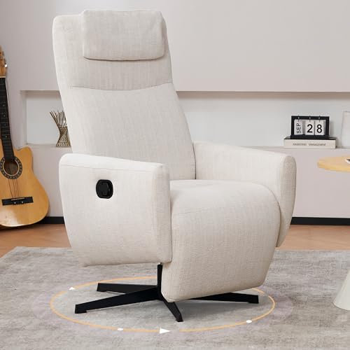 Drehbarer Relaxsessel mit wasserdichtem Chenille-Stoff, verstellbare Kopfstütze und Fußhocker, 360° drehbar, Wohnzimmer, Kinosessel, mit Liegefunktion, Beige