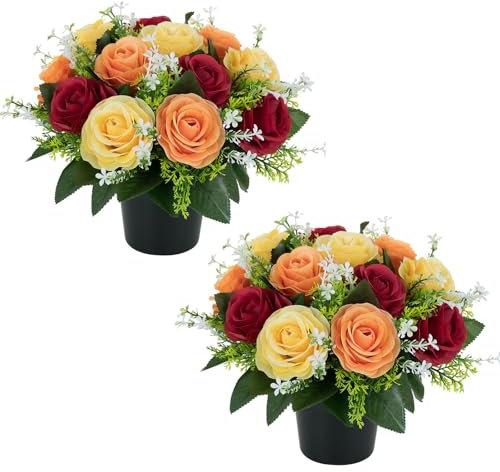BLOSMON Artificial Flowers for Graves Pots: 2 Pcs Autumn Red Yellow Orange Roses Grave Flower Pots Silk Cemetery Ornaments Outdoor Decorations - Fake Funeral Memorial Arrangements for Graveside