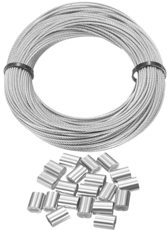 sourcing map 304 Stainless Steel Cable Wire Rope Kit 100FT (30M) Long 3/64 (1.2mm) Dia 7x7 Strand Core with 30pcs Loop Sleeve for Deck Railing System Outdoor Hanging Kit Garden Fence