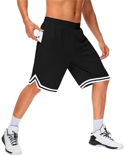 BFYSFBAIG Men's 11 Inch Basketball Shorts with Zipped Pockets, Breathable Mesh Gym Short for Sports & Training, Fast Drying Lightweight Athletic Shorts L Black