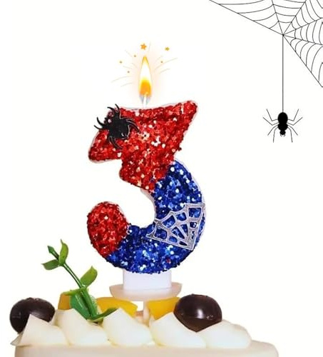 Ovanda Geburtstagskerzen Zahlen 3, Geburtstagskerzen Zahlen, Kerze 3 Geburtstag Junge, Blau Rot Kerzen mit Spinnennetz, Kuchendeko, Spinne Thema Geburtstagskerzen für Geburtstagsdeko, Zahlenkerze