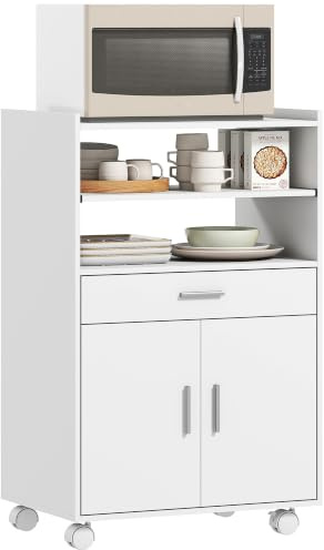 HOMCOM Chariot de Cuisine sur roulettes, 59 x 40 x 92 cm Blanc | Desserte Micro-Onde avec Plan de Travail, Étagères Ouvertes, Tiroir, Placard, Meuble de Rangement pour Micro-Ondes