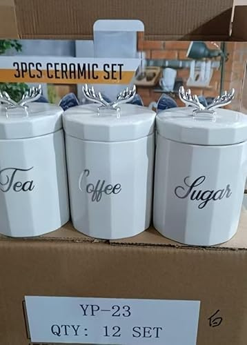 Set of 3 White Marble Effect Ceramic Tea, Coffee & Sugar Canisters Jar, Kitchen Storage Jars with Silver Crystal Bow Lids, Decorative Kitchen Storage Pots, 15x11 cm