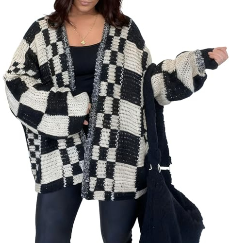 Cardigan Oversize pour Femme, Grande Taille, Automne 2025, Manches Longues, Ouvert sur Le Devant, Tricot épais, Manteau à Carreaux