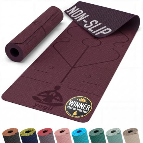 Yogii Yoga matte 6 mm rutschfest - TPE Fitnessmatte für Yoga, Pilates & Home Workout - Anti-Rutsch Sportmatte mit Alignment Linien - Gymnastikmatte für Damen & Herren