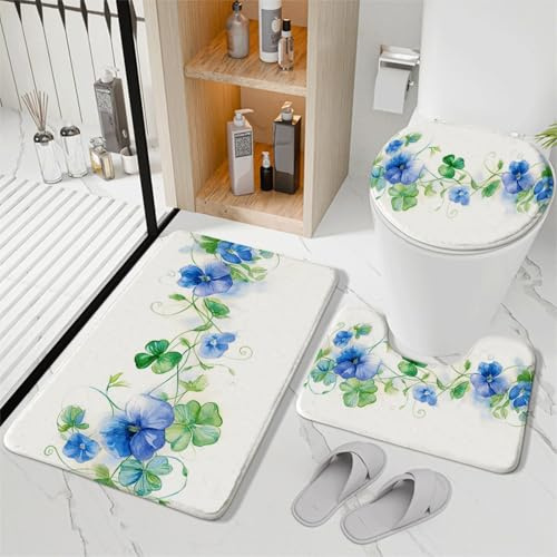 Tappeto Bagno Fiori Blu Verde Tappeti Bagno Set 3 Pezzi Antiscivolo Contorno WC Tappetino Assorbente Doccia Lavabile Copertura per Il Coperchio del WC 45x75 cm